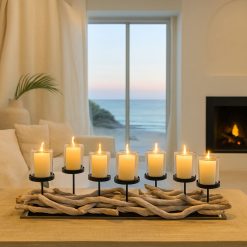 Candelabro Samarra fierro / tronco natural, rústico y elegante 75x21x13 cm