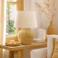 Lampara de mesa Lucia redonda Fibra natural + Pantalla crema