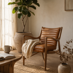 Poltrona Elliah Cuero Top Grain Cognac y Madera de Fresno