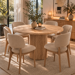 MESA COMEDOR MADROÑO REDONDA MADERA FRESNO NATURAL GRANDE 150 X H75CM