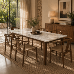 MESA COMEDOR HORACIO RECTANGULAR MADERA FRESNO WALNUT CUBIERTA DE MARMOL 180X100X75CM